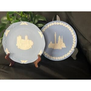 2 Blue Wedgwood Jasperware Christmas Plates 1970 & 1986 - Yellowing